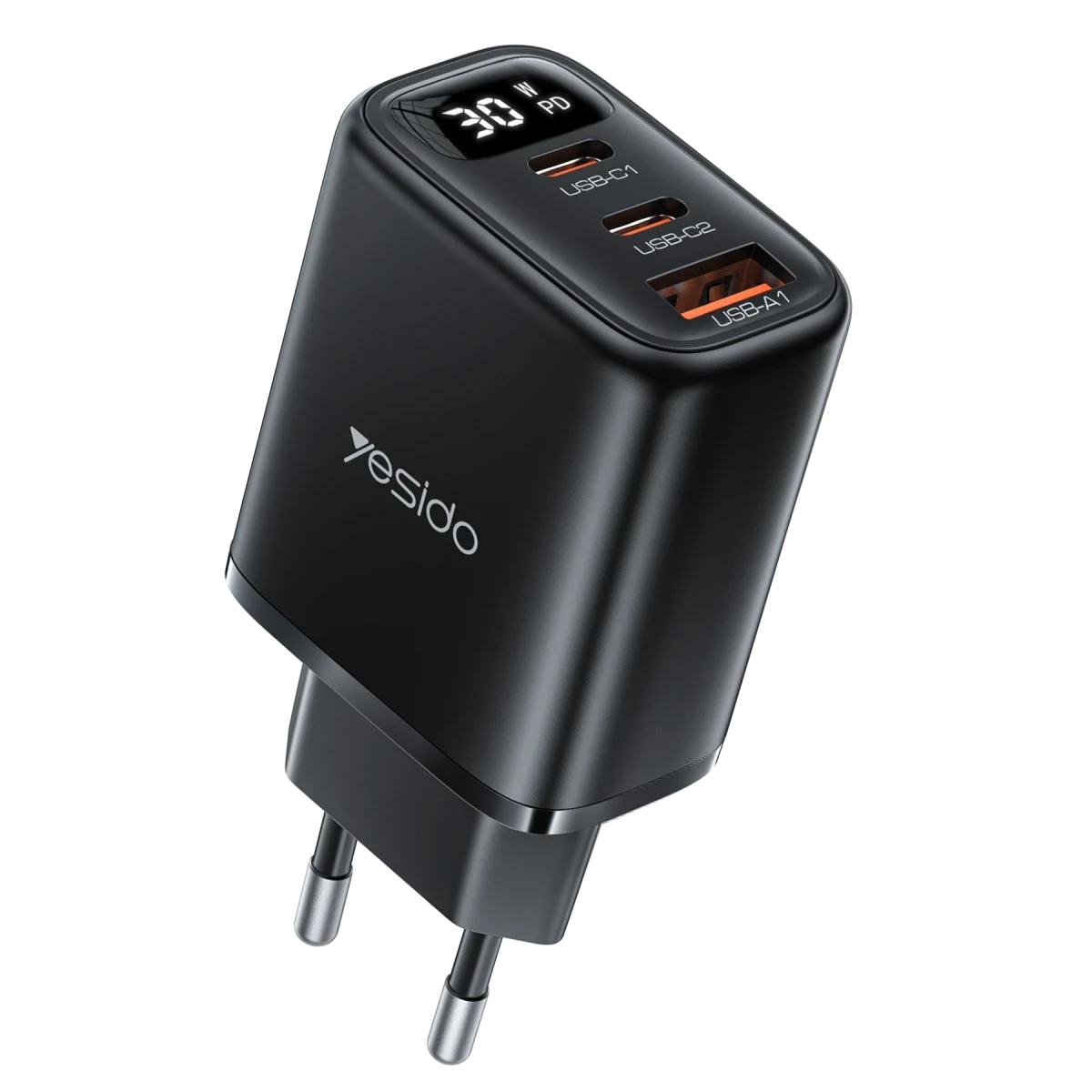 Yesido YC69 Dijital Göstergeli 1 Adet 30W USB ve 2 Adet 30W Type-C Çıkışlı PD Hızlı Şarj Cihazı - Siyah
